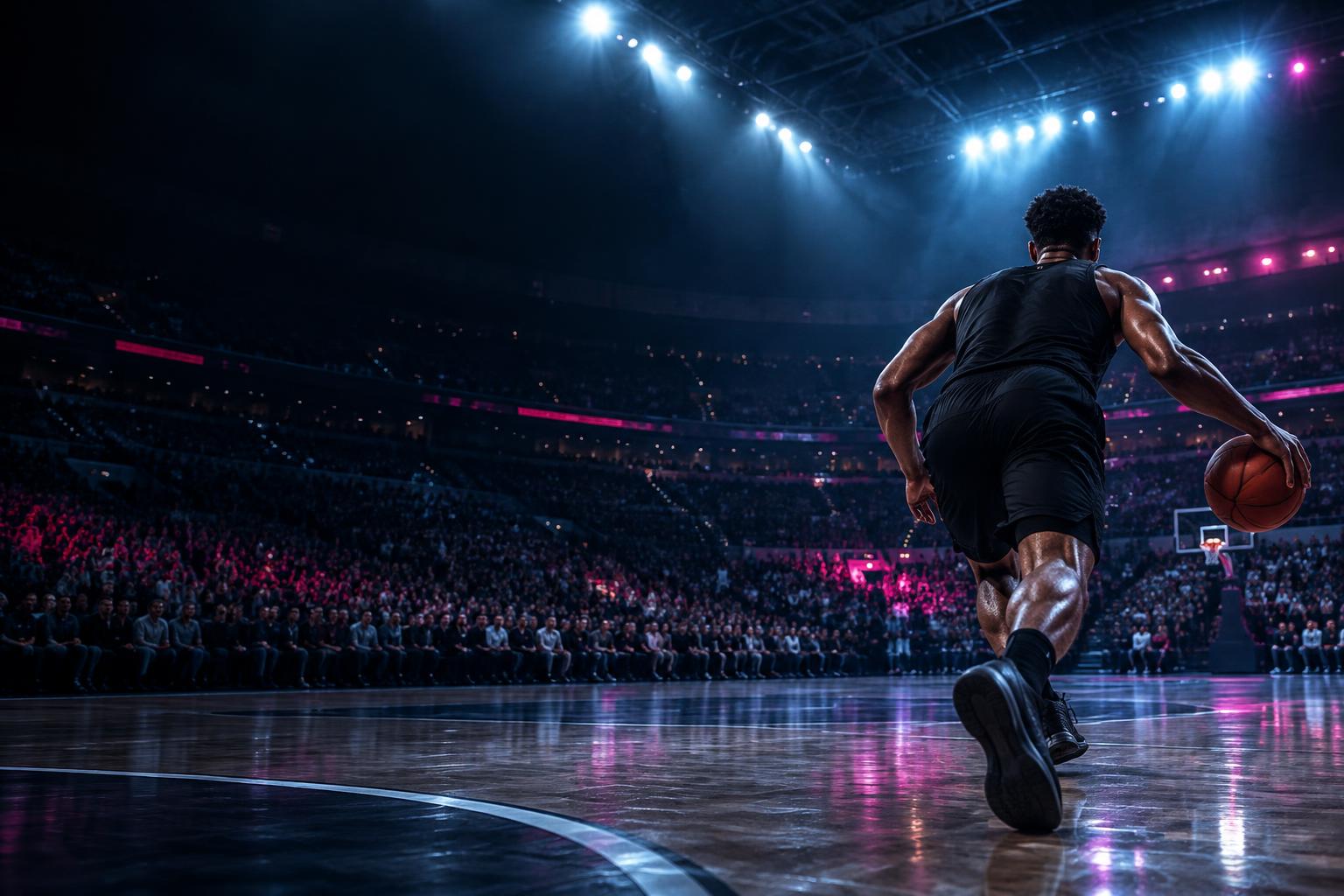 Basketball player on a blue and pink lit arena court